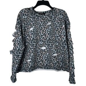 Lea & Viola Distressed Animal Print Top Cut Out Neck & Arms Boxy Womens M Gray